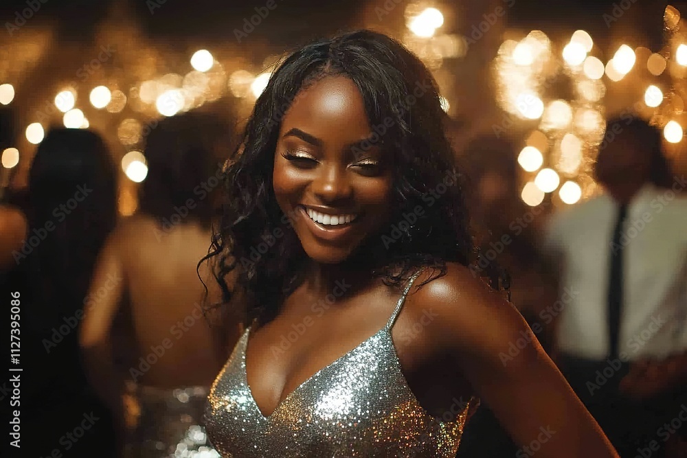 Joyful lady in sparkly dress with festive lights in background Joyful lady in sparkly dress with festive lights in background