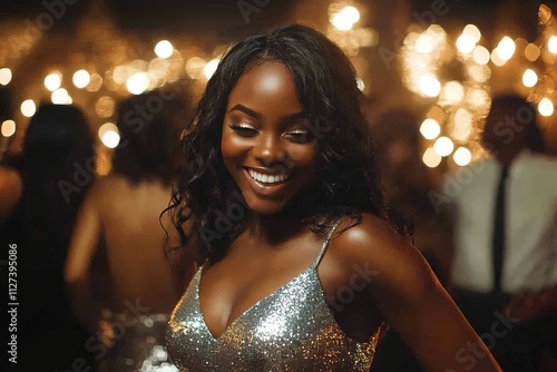 Joyful lady in sparkly dress with festive lights in background