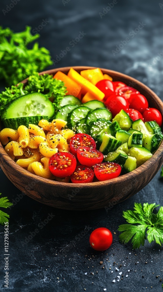 A vibrant salad bowl with fresh vegetables and pasta, ideal for healthy eating. A vibrant salad bowl with fresh vegetables and pasta, ideal for healthy eating.