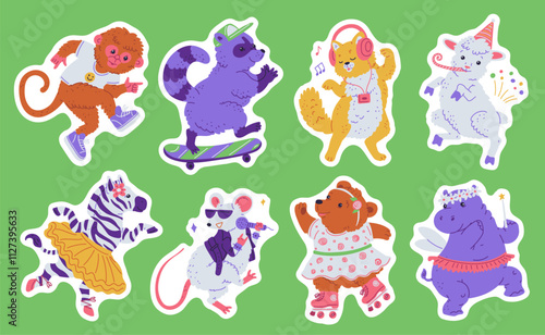 Vector illustration of dancing animals sticker set in bright colors on green isolated background.