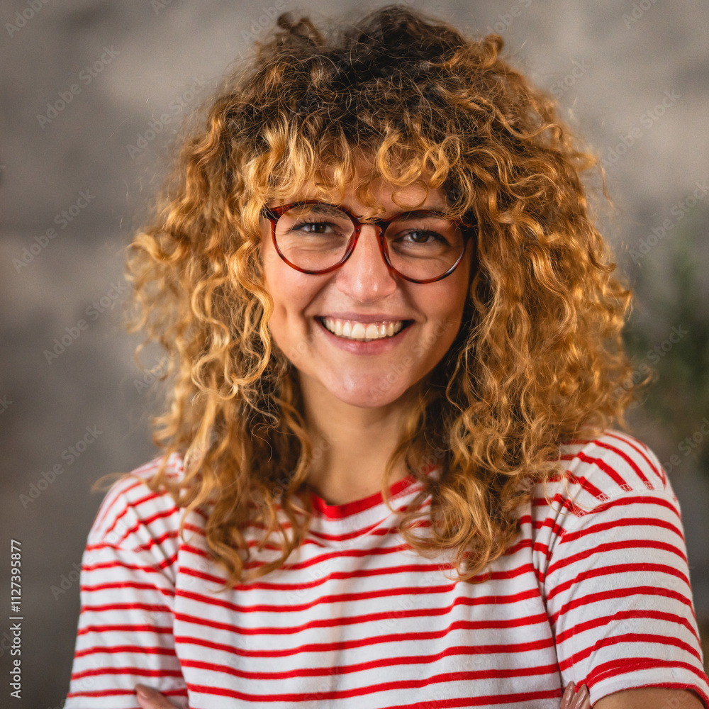 Close up of beautiful woman with curly hair and eyeglasses smile indoor Close up of beautiful woman with curly hair and eyeglasses smile indoor