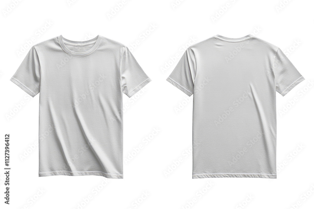 A plain white cotton t-shirt is shown from the front and back, showcasing its design and texture. A plain white cotton t-shirt is shown from the front and back, showcasing its design and texture.