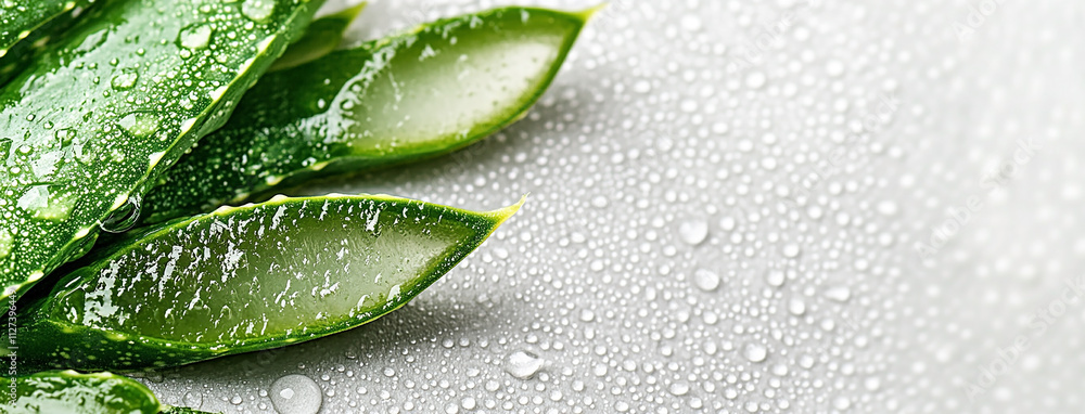 Obraz premium wide background banner with aloe vera and in a side and blank copy space for texts 