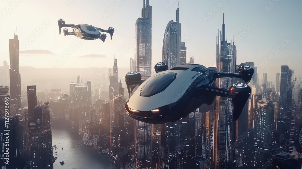 Futuristic city, flying vehicles, aerial view. Futuristic city, flying vehicles, aerial view.