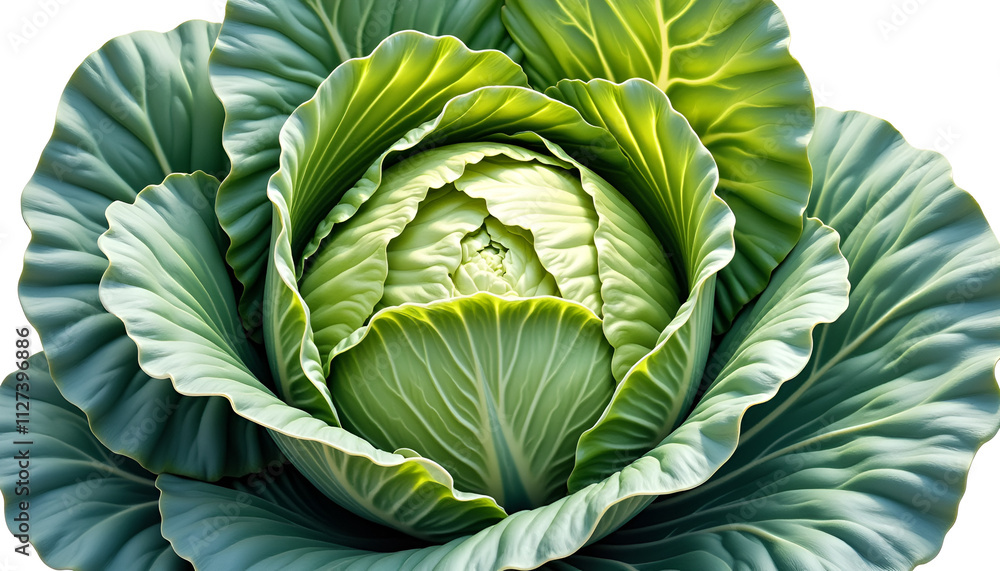 Fresh green cabbage head with intricate leaves and healthy texture on white background Fresh green cabbage head with intricate leaves and healthy texture on white background
