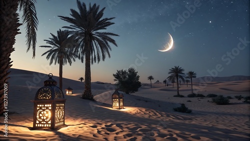 A moonlit desert with a glowing crescent moon and stars, perfect for mystical and serene themes photo