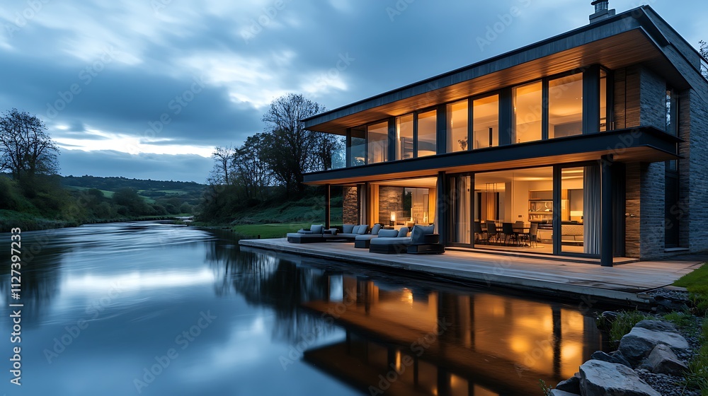 Fototapeta premium Modern house with large windows, illuminated at dusk, overlooks calm river reflecting its lights.