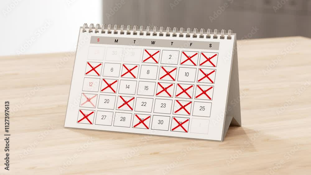 Calendar showing days being crossed off in red mark, fully or overbooked concept animation Calendar showing days being crossed off in red mark, fully or overbooked concept animation