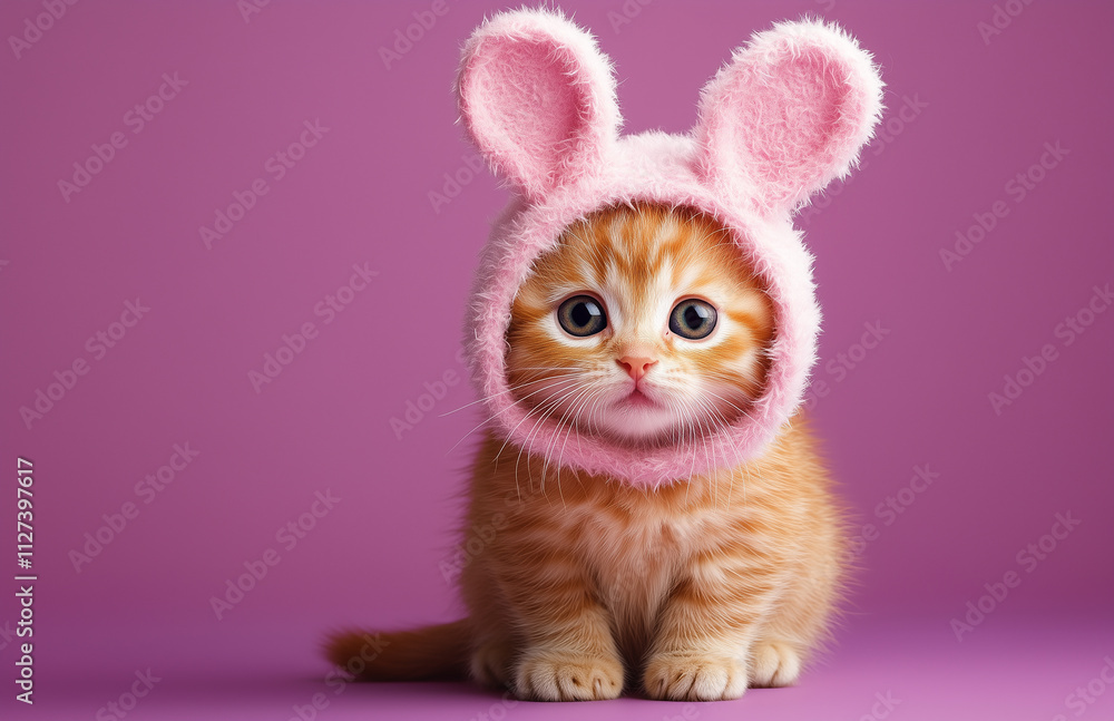 cute, fluffy cat wearing a bunny ears costume, isolated on a purple background cute, fluffy cat wearing a bunny ears costume, isolated on a purple background