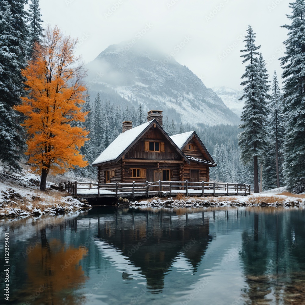 a cabin sits in the snow with a lake and mountains in the background. a cabin sits in the snow with a lake and mountains in the background.