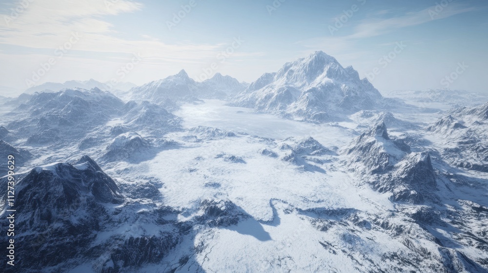 Fototapeta premium Majestic Snow-Covered Mountains Overlooking Frozen Landscape