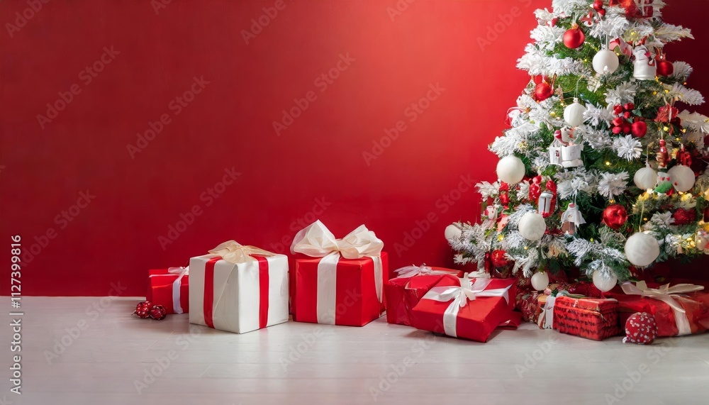 Festive New Years Studio Scene A Vibrant Red Background Adorned with Colorful Toys, Sparkling Gifts, and a Beautifully Decorated Christmas Tree Festive New Years Studio Scene A Vibrant Red Background Adorned with Colorful Toys, Sparkling Gifts, and a Beautifully Decorated Christmas Tree
