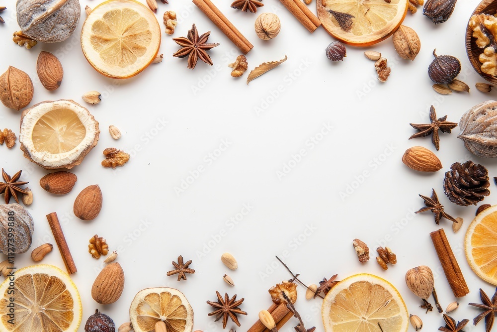 Christmas frame white background with empty space with composition of citrus orange slices, variety of nuts and berries, including nuts dried fruits spices cinnamon cardamom cloves Christmas frame white background with empty space with composition of citrus orange slices, variety of nuts and berries, including nuts dried fruits spices cinnamon cardamom cloves