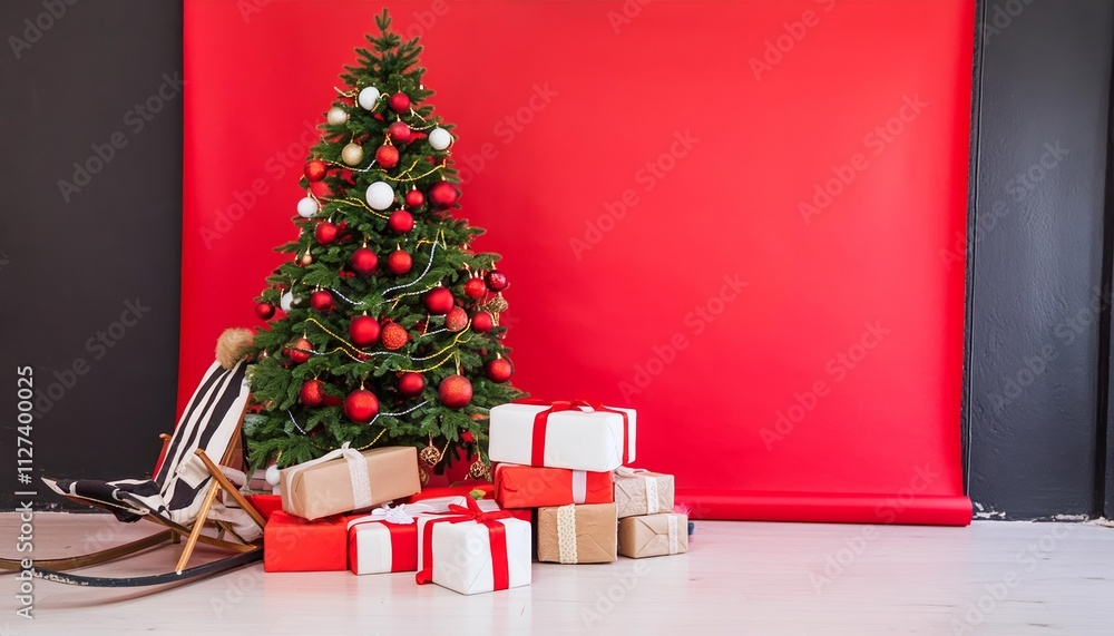 Festive New Years Studio Scene with Red Background, Toys, Gifts, and a Beautiful Christmas Tree Perfect for Holiday Celebrations and Seasonal Cheer Festive New Years Studio Scene with Red Background, Toys, Gifts, and a Beautiful Christmas Tree Perfect for Holiday Celebrations and Seasonal Cheer
