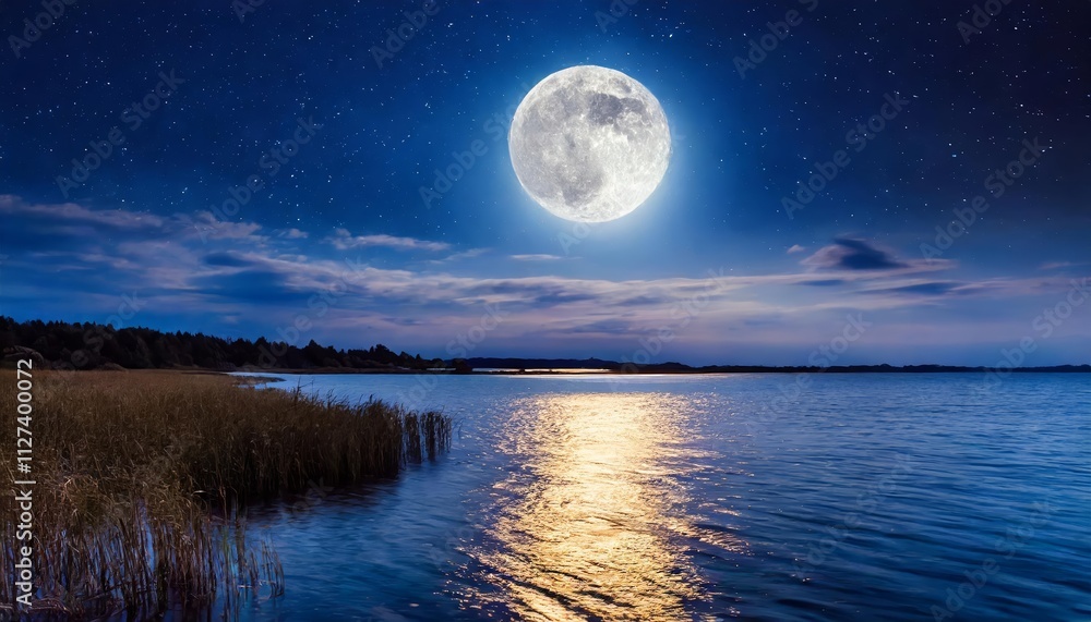 Stunning Night Sky with Full Moon Reflected on Tranquil Water A Serene Landscape Capturing the Beauty of Natures Nighttime Splendor Stunning Night Sky with Full Moon Reflected on Tranquil Water A Serene Landscape Capturing the Beauty of Natures Nighttime Splendor