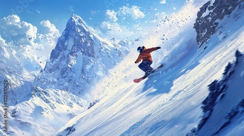 A snowboarder cruising down a mountain slope, the rush of wind and snow creating an exhilarating moment in the winter sports landscape