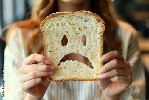 Attractive woman holding gluten-free bread with a resigned expression due to celiac disease and gluten intolerance. photo