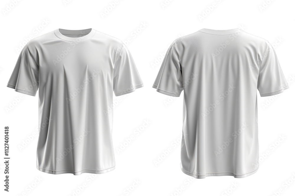 A 3D rendering shows a white short sleeve t-shirt from both the front and back views, showcasing its design and drape. A 3D rendering shows a white short sleeve t-shirt from both the front and back views, showcasing its design and drape.