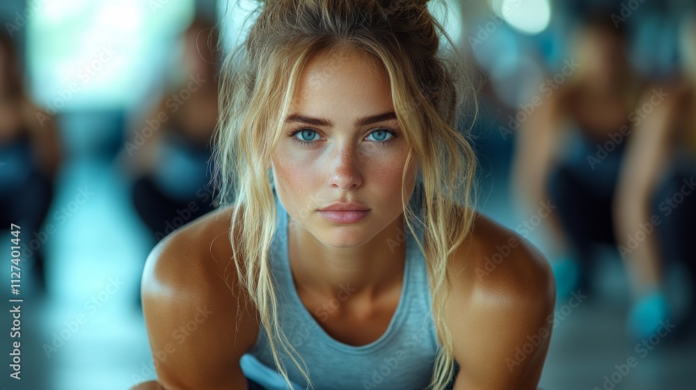 A dedicated athlete prepares for a workout in a fitness studio. Her intense focus showcases commitment while surrounded by others engaged in an intense session. A dedicated athlete prepares for a workout in a fitness studio. Her intense focus showcases commitment while surrounded by others engaged in an intense session.