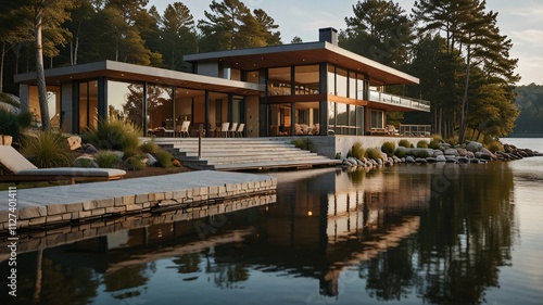 a house with a lake and a sunset in the background