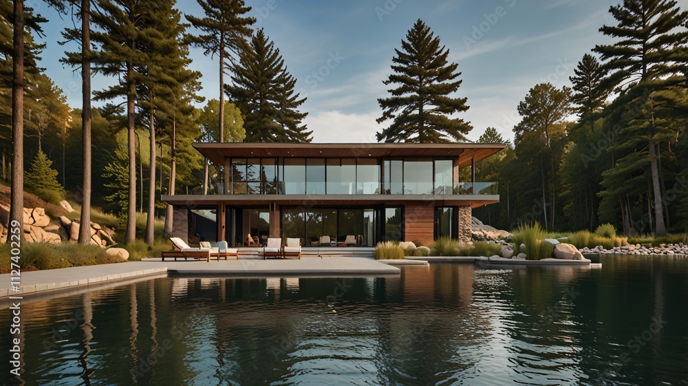 a house with a lake and a sunset in the background a house with a lake and a sunset in the background