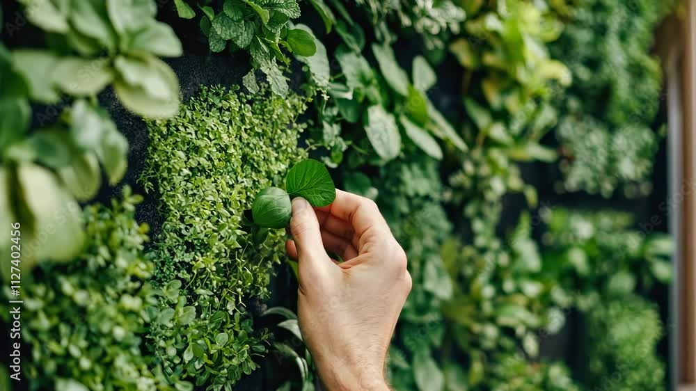 Hand tending vibrant vertical garden wall with lush green foliage Hand tending vibrant vertical garden wall with lush green foliage