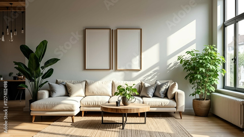 A minimalist living room with a loft design, featuring natural textures, neutral-colored furniture, and green indoor plants, creating a calm and modern atmosphere.