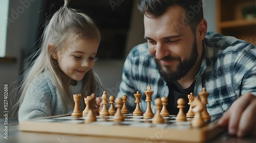 Father and daughter enjoying a chess game at home on a cozy afternoon photo