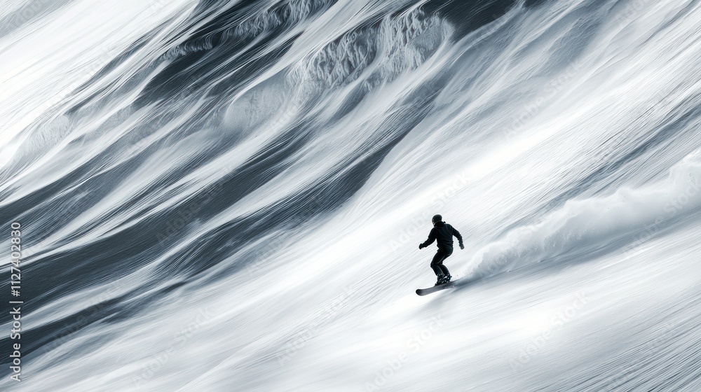 A snowboarder speeding down a snow-covered mountain, the thrill of the ride captured in every movement and turn A snowboarder speeding down a snow-covered mountain, the thrill of the ride captured in every movement and turn