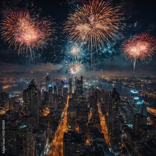 A dazzling display of fireworks above a bustling city skyline at midnight. photo