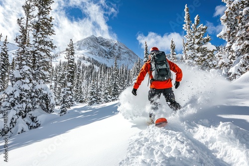 A splitboarder riding deep powder snow, carving through the untouched wilderness of the mountains with skill and precision photo