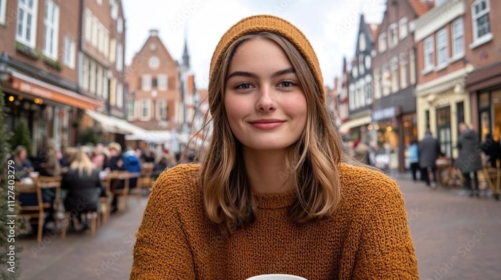 Young Woman at Cozy Outdoor Café, Cheerful woman on summer vacation concept. Young Woman at Cozy Outdoor Café, Cheerful woman on summer vacation concept.
