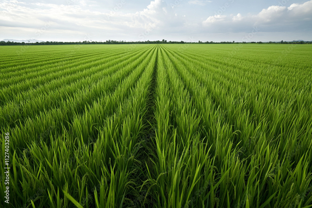Lush green rice field under a cloudy sky Lush green rice field under a cloudy sky