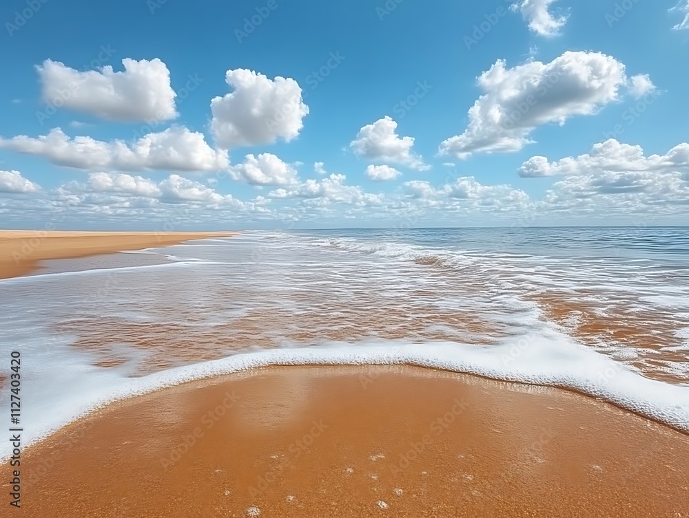 Sandy Beach Ocean Waves Under Blue Sky With Clouds Sandy Beach Ocean Waves Under Blue Sky With Clouds