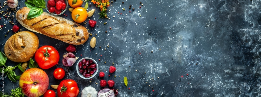 Rustic arrangement of bread, fruits, and vegetables Rustic arrangement of bread, fruits, and vegetables