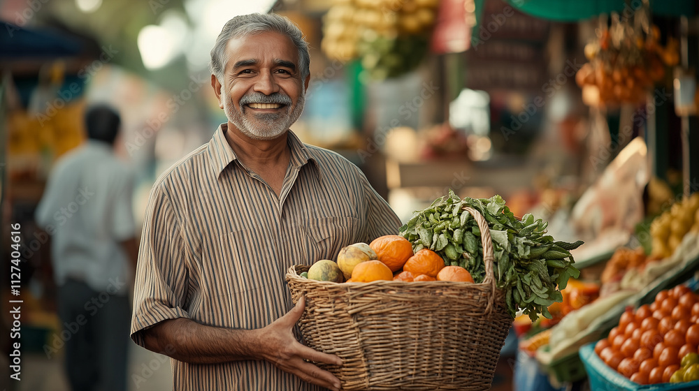 Obraz premium A smiling elderly man standing in a vibrant farmers’ market, holding a basket of fresh vegetables and fruits, radiating happiness and health.