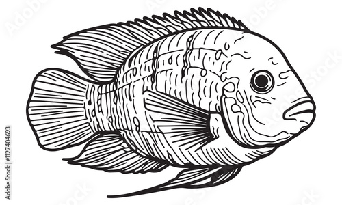 Detailed Line Art Drawing of a Cichlid Fish, Aquatic Life Illustration, Black and White, Detailed Scales and Fins