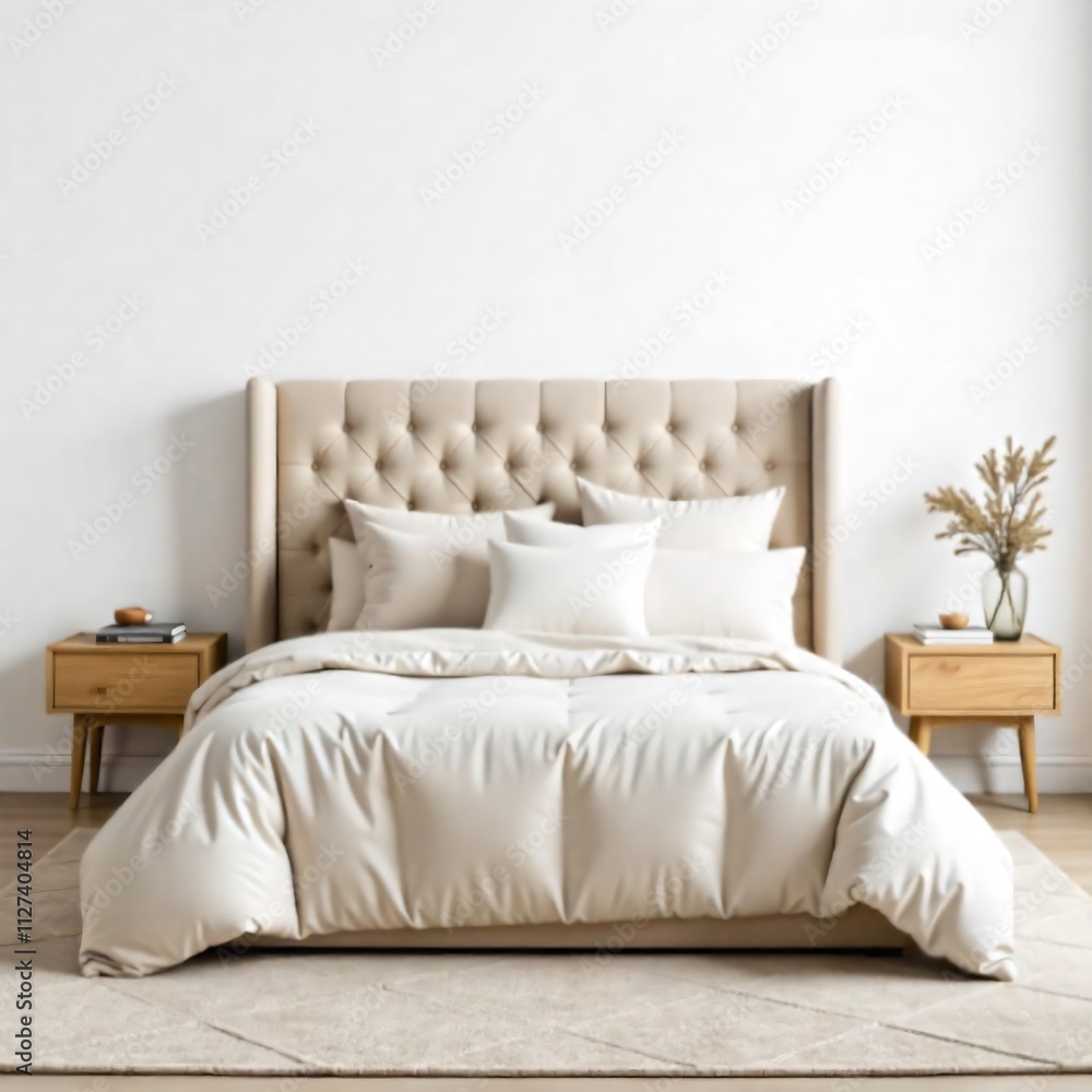 Fototapeta premium a bedroom with a bed and a beig headboard 
