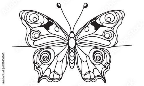 Elegant Black and White Line Art Drawing of a Peacock Butterfly with Intricate Wing Details