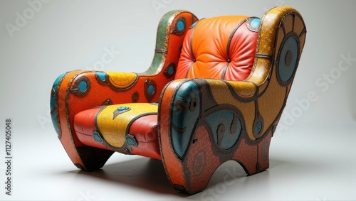 Vibrant and colorful armchair with intricate ethnic patterns, artistic design, and luxurious detailing, blending tradition with modern creativity. Generative, AI. photo