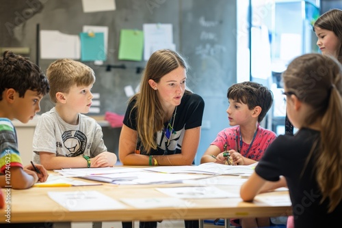 Children learning with their teacher in an elementary school workshop. A group of young students actively engaging in a workshop session with their teacher, developing new skills and knowledge.