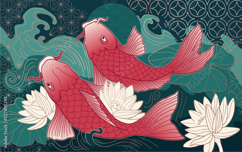 abstract illustration fishes koi in minimalistic asian style, with ornaments and waves