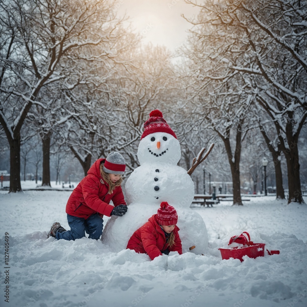 Children building a snowman in a snow-covered park during Christmas. Children building a snowman in a snow-covered park during Christmas.