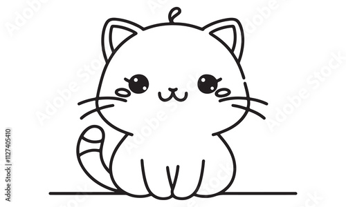 Adorable Kawaii Cat Illustration, Simple Line Art, Cute Cartoon Kitten, Pet Graphic Design Element, Coloring Page, Whimsical Animal Character