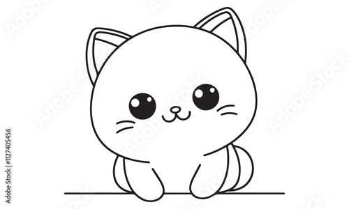 Adorable Kawaii Kitten Coloring Page: A Simple, Cute, and Cheerful Black and White Illustration of a Sitting Kitty with Big Eyes, Perfect for Kids' Activities and Creative Expression