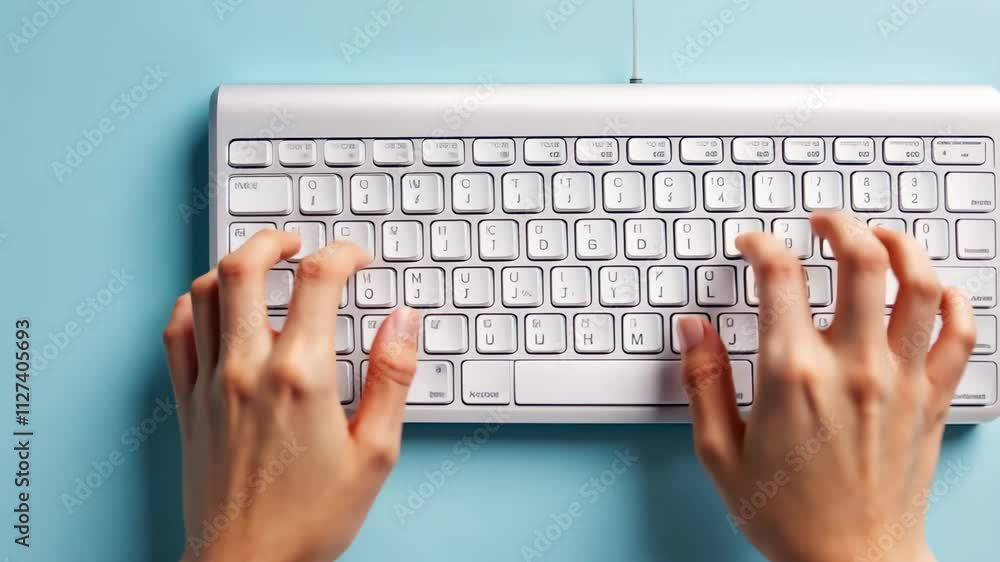 Hands typing on white keyboard against blue backdrop: top view in action Hands typing on white keyboard against blue backdrop: top view in action