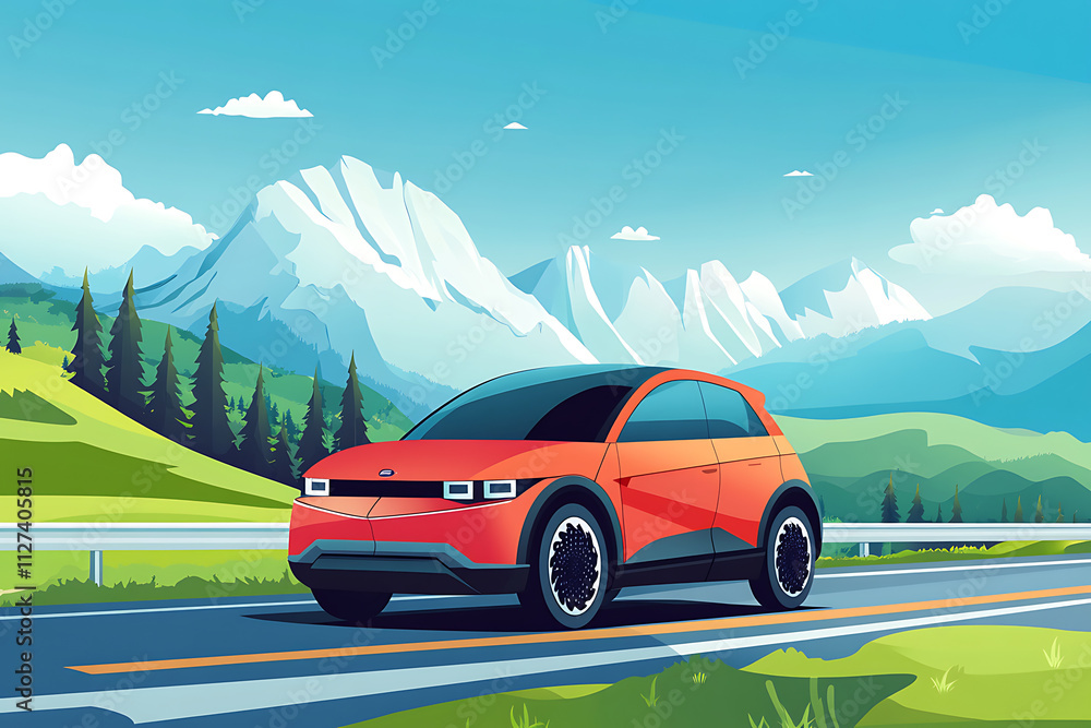 Fototapeta premium A vibrant electric car drives along a scenic road with mountains in the background.