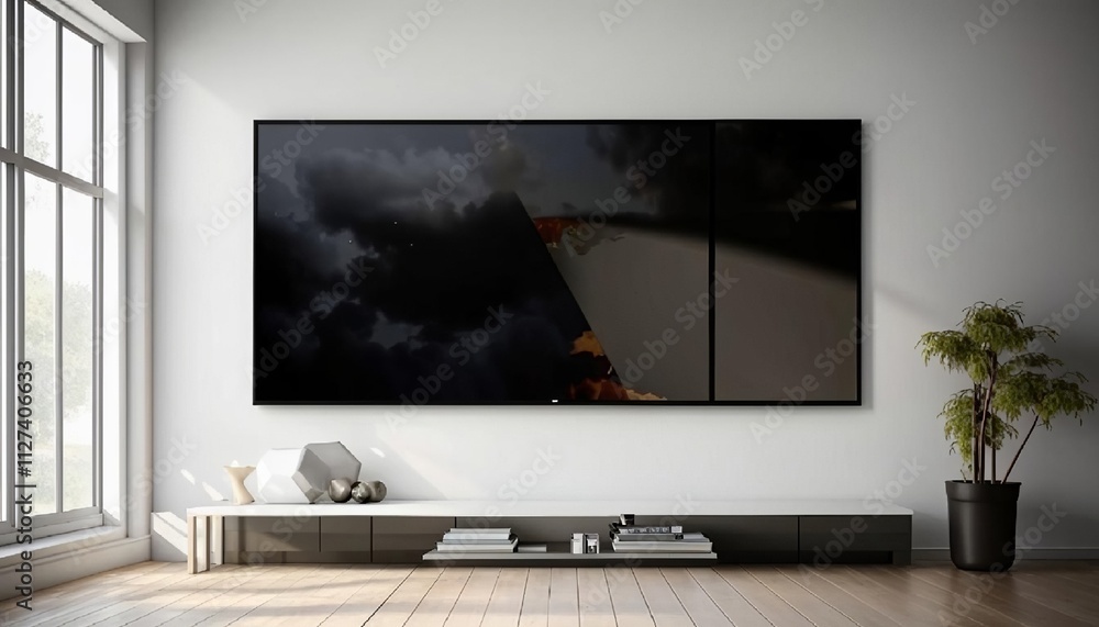 Fototapeta premium A modern living room features a sleek flat-screen TV mounted on a white wall, flanked by minimalist decor and greenery. AI generated. 