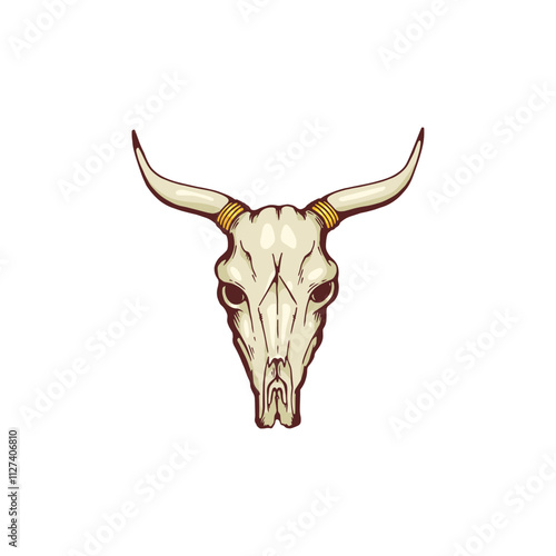 Cow or bull skull hand drawn vector illustration, animal muzzle with horns braincase bone scull, American gothic theme