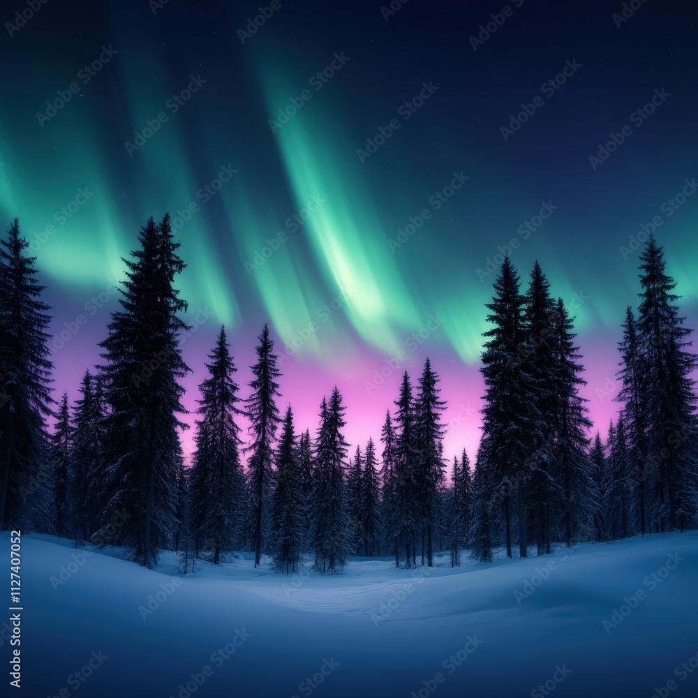 Vibrant auroras dance over a snowy forest at night Vibrant auroras dance over a snowy forest at night
